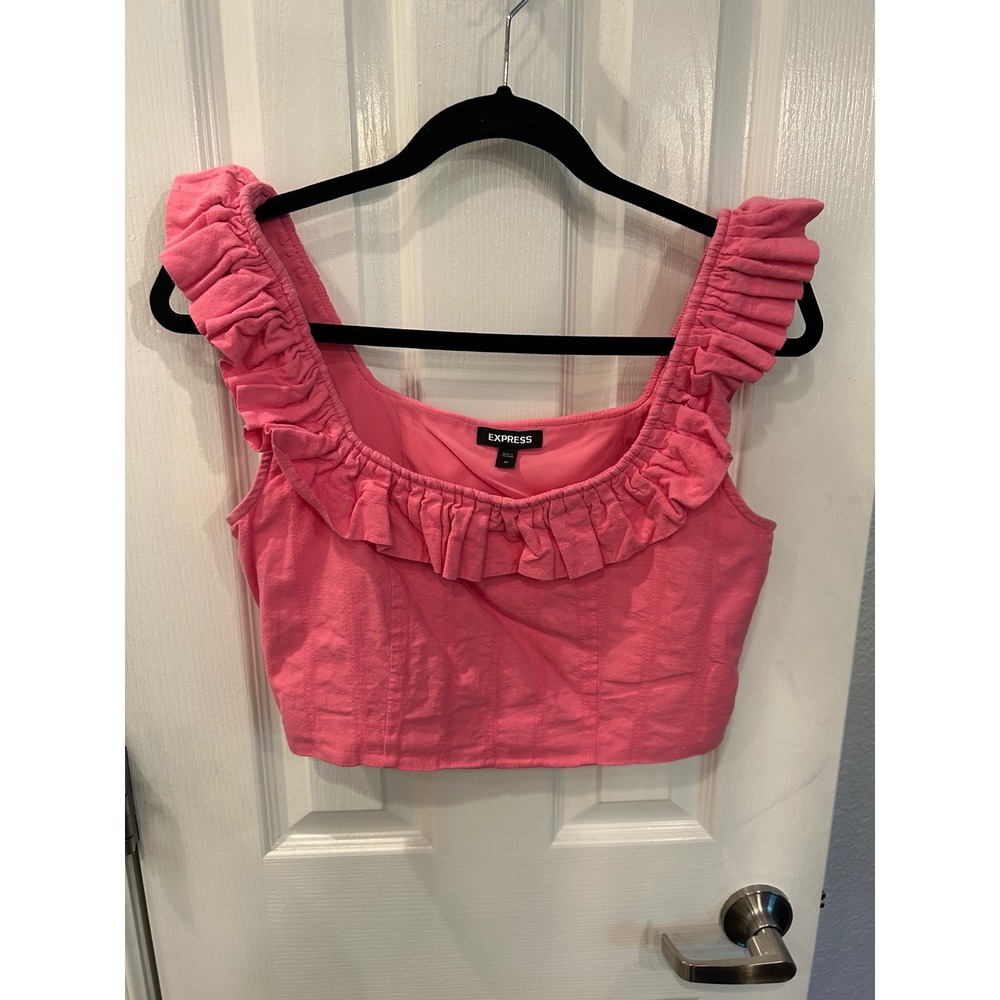 Express‎ Crop Top Pink Ruffle Strap Square Neck Side Zip Cotton Summer Bodice